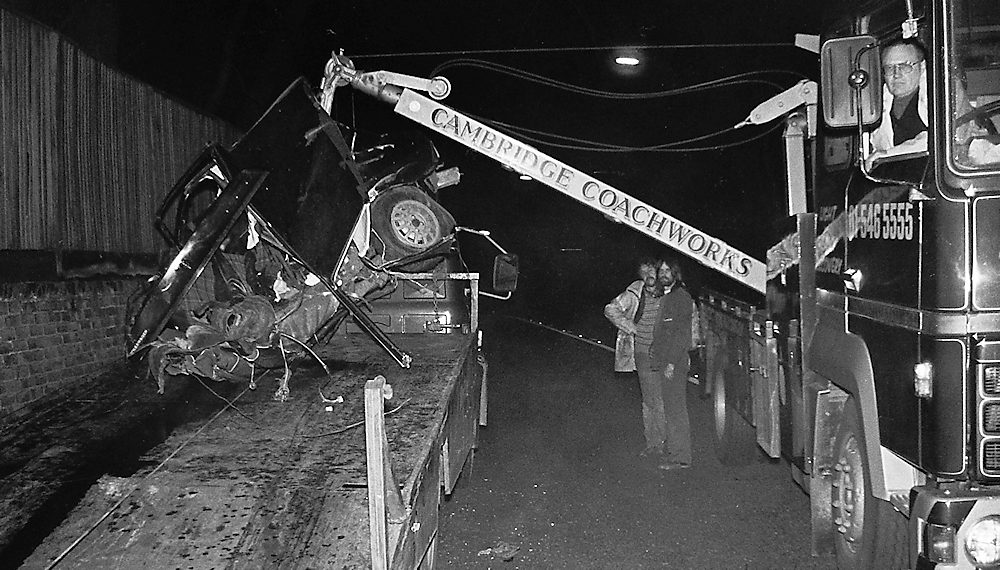 Recovery operators working at a serious road accident in the 1980s